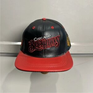 Vintage 90’s Chicago Blackhawks Genuine 100% Leather NHL SnapBack Hat Made USA
